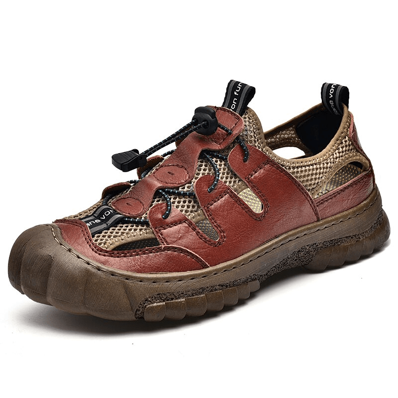 Mesh breathable men's sandal with flexible sole, featuring genuine cow leather, hook and loop closure, and rubber outsole. Model SF1417.